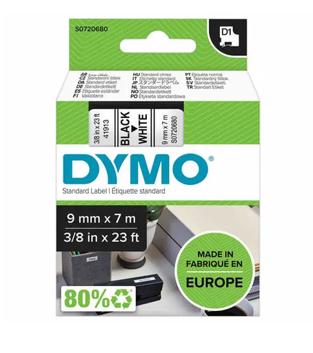 Ruban D1 DYMO - 7 m x 9 mm - Texte noir sur fond blanc